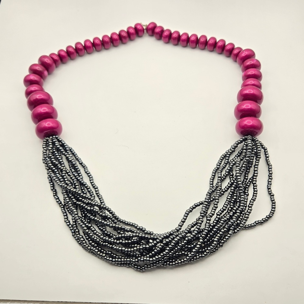 Magenta Purple Rondelle & Charcoal Grey Multi Strand Seed Bead Bib Necklace 23.5